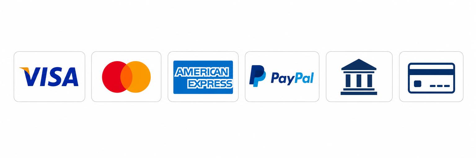 Métodos de pago aceptados: Visa, Mastercard, American Express, PayPal, transferencia bancaria y tarjeta de débito