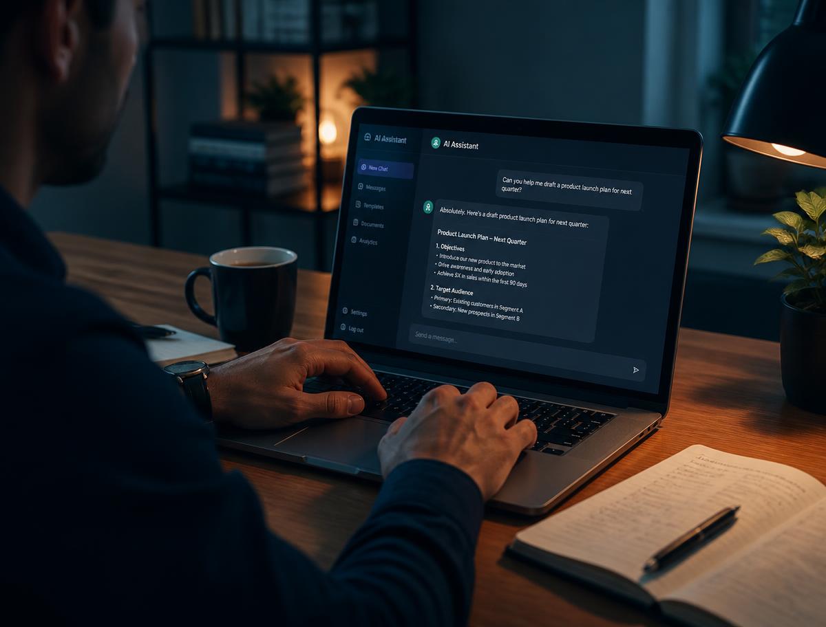 Persona usando ChatGPT en su computador para redactar un documento de trabajo